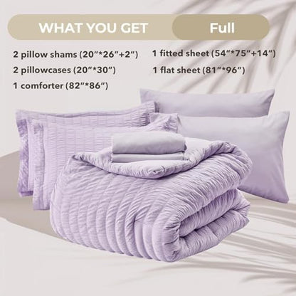 HYMOKEGE Lavender Full Size Comforter Sets Seersucker 7 Pieces, All Season Luxury Bed in a Bag for Bedroom, Bedding Set with Comforters, Sheets, Pillowcases & Shams