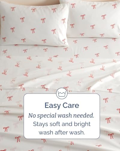 Christmas Sheet Set, Dainty Red Bows, Holiday Xmas Bedding Set - Queen Size