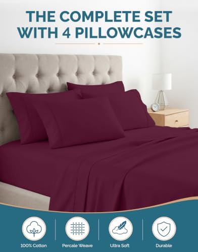 Casa Platino 100% Cotton Bed Sheets California King Size Set - 6 Pieces (1 Flat, 1 Fitted, 4 Pillowcases) - Soft, Breathable & Cooling Percale Sheets Cal King Size with Deep Pockets - Windsor Wine