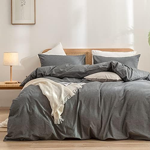 BESTOUCH Cotton Solid Duvet Cover Set Linen Feel Dark Grey Queen