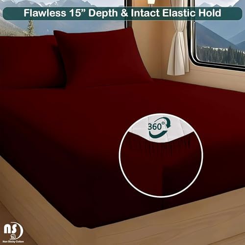 NON Sticky cotton RV Short Queen 4 Piece Sheet Set, 100% Long Staple Cotton, Soft Cooling Hotel Luxury Bedding Sheets, Deep Pocket Fits 15" Mattress, 60" x 75", Burgundy Solid