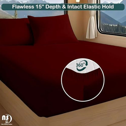 NON Sticky cotton RV Short Queen 4 Piece Sheet Set, 100% Long Staple Cotton, Soft Cooling Hotel Luxury Bedding Sheets, Deep Pocket Fits 15" Mattress, 60" x 75", Burgundy Solid