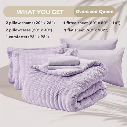 HYMOKEGE Lavender Oversized Queen Comforter Set Seersucker 7 Pieces, All Season Luxury Bed in a Bag for Bedroom, Bedding Set with Comforter, Sheets, Pillowcases & Shams