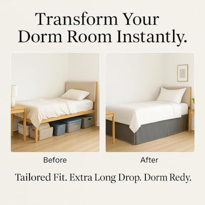 eBeddy Linens Split Corner Dorm Bed Skirt Twin XL – 36 Inch Drop, 100% Microfiber, Extra Long Bed Skirt for College Dorm, Platform Style, Dark Grey Solid, Hidden Storage Solution, Easy Fit