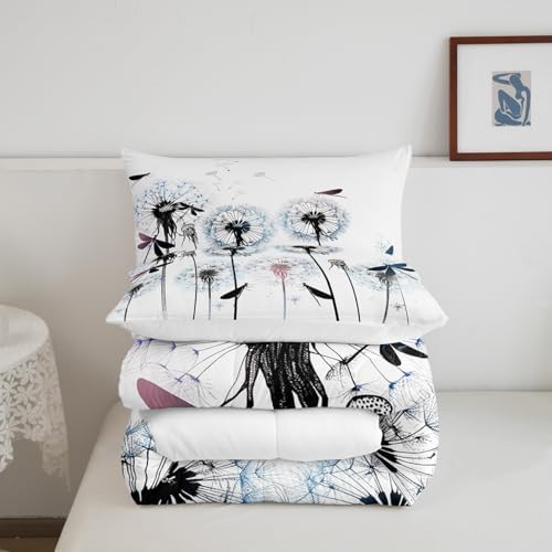 Castle Fairy Dragonfly Comforter Set Full Size,Colorful Dandelion Bedding 3pcs for Kids Girls Woman Adult Room Decor,Nature Flying Animals Plants Quilt Modern Boho Duvet Insert,2 Pillowcases,White