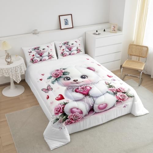 Feelyou Kids Cute Bear Comforter Set King Size Rose Butterfly Love Heart Bedding Set Boys Girls Flowers Floral Quilt Set Cartoon Kawaii Animal Pattern Bed Set