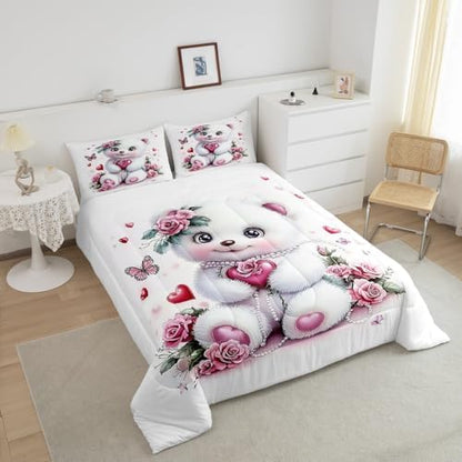 Feelyou Kids Cute Bear Comforter Set King Size Rose Butterfly Love Heart Bedding Set Boys Girls Flowers Floral Quilt Set Cartoon Kawaii Animal Pattern Bed Set