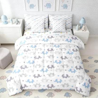 Erosebridal Elephants Full Comforter Set 7 Piece for Kids Boys Girls Cartoon Zoo Animal Bedding Set Blue Grey Elephants Bed in A Bag with Sheets Cute Safari Wildlife Bed Set