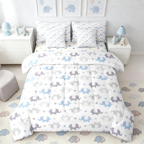 Erosebridal Elephants Twin Comforter Set 7 Piece for Kids Boys Girls Cartoon Zoo Animal Bedding Set Blue Grey Elephants Bed in A Bag with Sheets Cute Safari Wildlife Bed Set