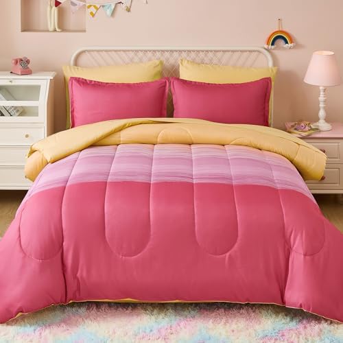 Dinjoy Girls Comforter Set Twin Size 5 Pieces Bed in A Bag Colorful Ombre Pink Yellow Rainbow Bedding Set for Kids Teen (1 Comforter, 1 Flat Sheet, 1 Fitted Sheet, 1 Pillow sham, 1 Pillowcases)