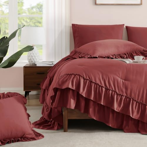 Queen Comforter Set Syrah Red Ruffle 7 Pieces Farmhouse Bed in a Bag