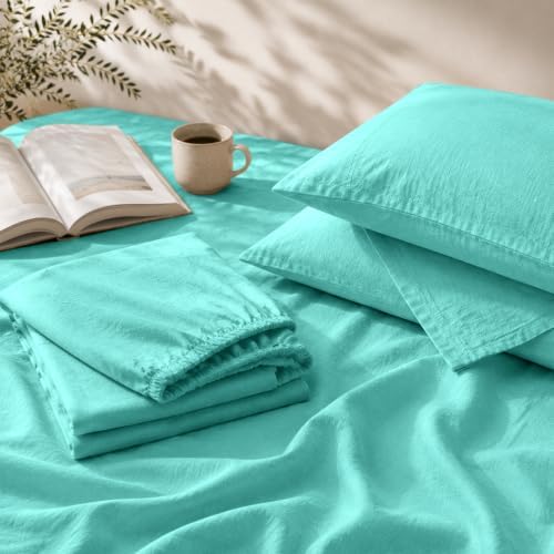 MEISHANG 100% French Linen Sheets King,4 Pcs,16" Deep Pocket
