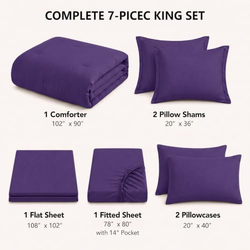 HIMEET King Comforter Set, 7-Piece Point-Quilted Bed in a Bag, Purple