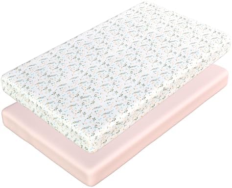 Fitted Crib Sheets for Girls, 2 Pieces 52"x28" 100% Cotton Crib Mattress Sheet, Absorbent Baby and Toddler Bed Sheets, Mattress Cover Oeko-TEX Cribs Sheet Set, Pink Floral Girl Nursery Gift Set