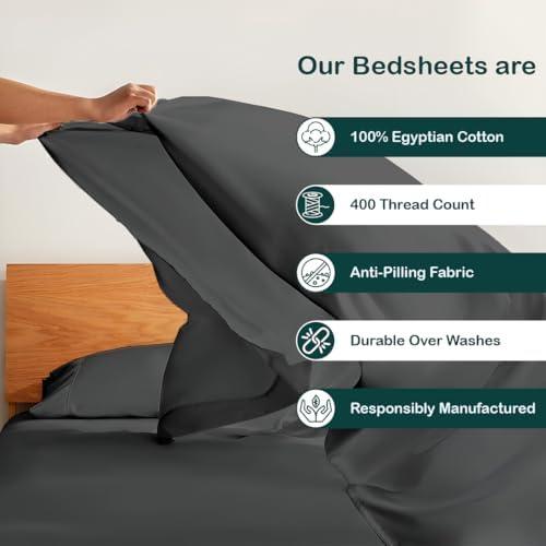 NON Sticky cotton Adjustable Split King Sheet Set for Sleep Number Beds, Premium 100% Long Staple Cotton Bedding, Two Twin XL 39" X 80" Fitted Sheets Fits Up to 18" Deep Mattress, Dark Grey Solid