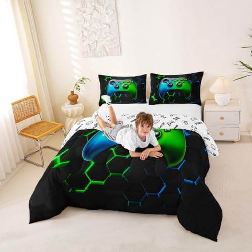Castle Fairy Games Reversible Comforter Set Queen Size Blue Green Modern Honeycomb Hexagon Bedding Set for Kids Boys Bedroom Decoration Gaming Bed Duvet Insert Geometric Comforter with 2 Pillowcase