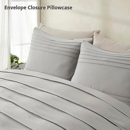 Oli Anderson 3PCS Pleated Duvet Cover Set, Light Grey, Queen