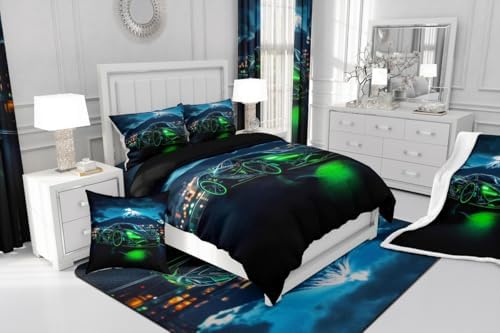 Green Race Car Twin Comforter Set for Boys,3D Emerald Green Racing Car Bedding for Kids Teen,Cool Speed Cars Down Comforter for Men Adults Extreme Sports Gaming Quilt Bed Set Lightweight Duvet Insert