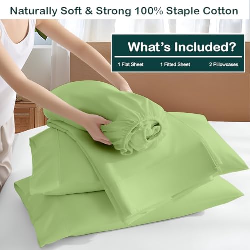 NON Sticky cotton Twin 4 Piece Sheet Set, 100% Long Staple Cotton, Soft Cooling Hotel Luxury Bedding Sheets, Deep Pocket Fits 10" to 18" Mattress, 39" x 75", Sage Solid