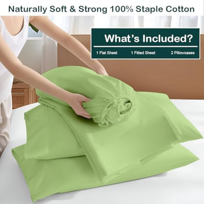 NON Sticky cotton Queen 4 Piece Sheet Set, 100% Long Staple Cotton, Soft Cooling Hotel Luxury Bedding Sheets, Deep Pocket Fits 10" to 18" Mattress, 60" x 80", Sage Solid
