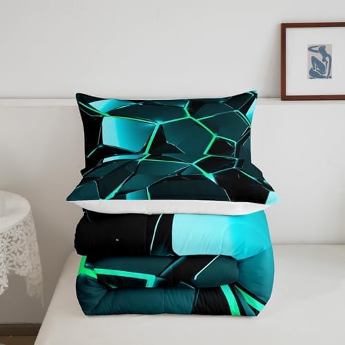 Feelyou Blue Green Hexagon Comforter Stereoscopic Honeycomb Comforter Set for Kids Beehive Bedding Set Geometric Honeycomb Duvet Simplistic Room Decor Quilt Queen Size Boys