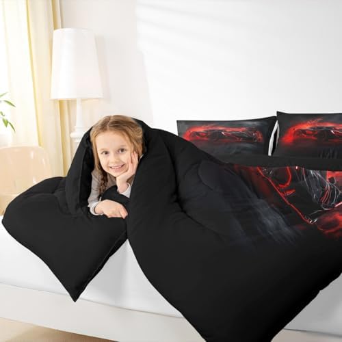 3Pcs Boys Race Car Bedding Set,Red and Black Full Size Comforter Cool Racing Car Duvet Insert for Kids Girls Teens Room Decor 3D Cars Bed with 1 Comforter,2 Pillowcases-All Season & Luxury Soft