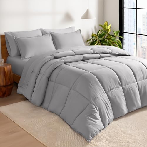 Bare Home Bed-in-A-Bag 7 Piece Comforter & Sheet Set - Queen - Goose Down Alternative - Ultra-Soft 1800 Premium - Bedding Set (Queen, Light Grey/Light Grey)