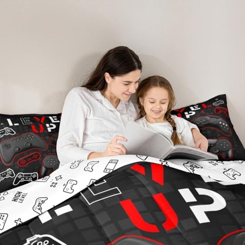 Video Gampad Comforter Set King Size,Video Games Bedding Set 3pcs for Kids Teens Boys Gamer Room Decor,Gaming Equipment Quilt Set Black Modern Grid Quilted Bedspread 2 Pillowcases,Black Reversible