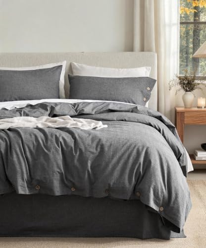 JELLYMONI 100% Washed Cotton Dark Gray Duvet Cover King, Linen-Like