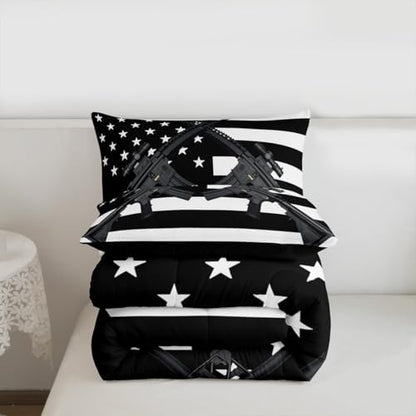 American Flag Comforter Set Full Size Machine Gun Down Comforter for Kids Teens Adult Men Bedroom USA Federations Stars Stripe Bedding Set United States Military Rifle Duvet Sets, Black and White