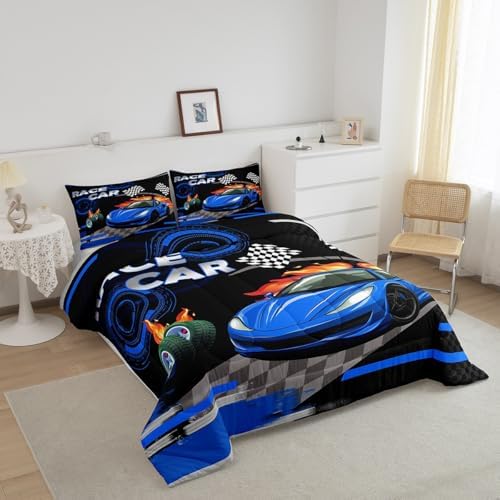 Feelyou Kids Blue Race car Comforter Set Toddler Speed Sports Car Bedding Set Boys Girls Automobile Racing Car Quilt Set Extreme Sports Theme Bed Set