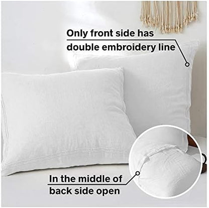 Simple&Opulence 100% French Linen Euro Shams with Embroidery (26'' x 26'') - Pack of 2 - Pre Washed Solid Color Natural Flax Soft Breathable - White
