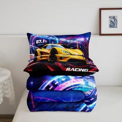 Erosebridal Yellow Race Car Boy Toddler Bedding Sets for Kids,Black and White Grid Buffalo Lattice Comforter Set,Extreme Sports Cool Speed Luxury Cars Quilt,Speed Dashboard Racing Car Comforter