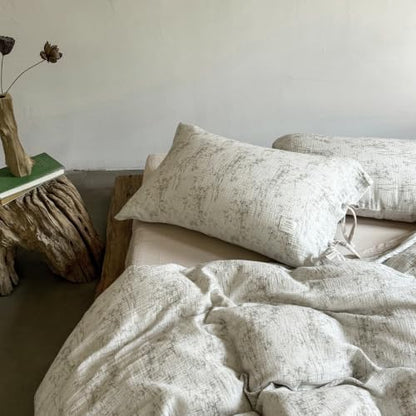 VM VOUGEMARKET Beige Ink Bamboo Print Double Layer Cotton Duvet Cover Set Twin,Natural Crinkled Cotton Muslin Bedding Set,Vintage Oriental Botanical Comforter Cover with Bow Ties
