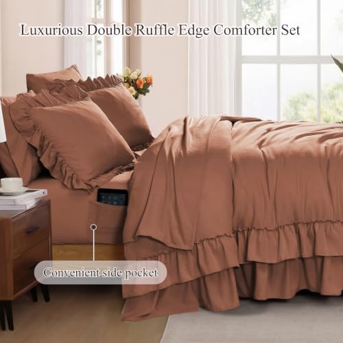 King Size Comforter Set Russet Ruffle 7 Pieces Farmhouse Bed in a Bag