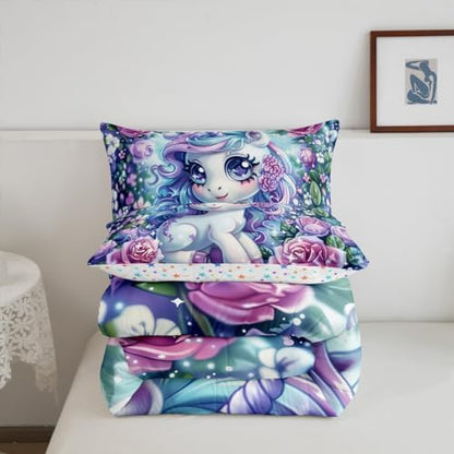 Castle Fairy Unicorn Bedding Comforter Set Twin Size Cute Cartoon Unicorn Comforter and 1 Pillowcase for Kids Girls Girly Room Decor Pink Rose Flower All Season Quilt Duvet Reversible,Colorful Purple