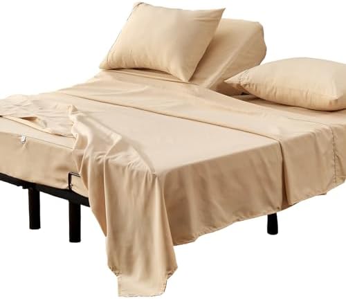 Kingnex 32-34 Split Top King Sheets Sets for Adjustable Bed Soft Double Brushed Microfiber 4 Pieces Include 1 Partial Flex Head King Fitted Sheet 1 Flat Sheet 2 King Size Pillowcase Beige