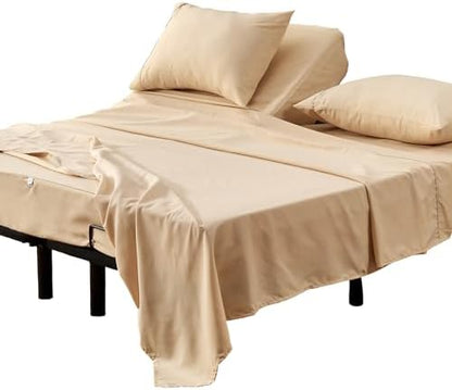 Kingnex 32-34 Split Top King Sheets Sets for Adjustable Bed Soft Double Brushed Microfiber 4 Pieces Include 1 Partial Flex Head King Fitted Sheet 1 Flat Sheet 2 King Size Pillowcase Beige