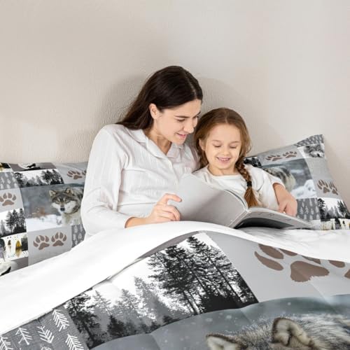 Manfei Wolf Kids Comforter Set Twin Size,Wolf Paws Print Pine Trees Wild Adventure Bedding Set,Boys Girls Adults Room Decor,Geometric Plaids Patchwork Down Comforter,Rustic Duvet Insert,1 Pillowcase