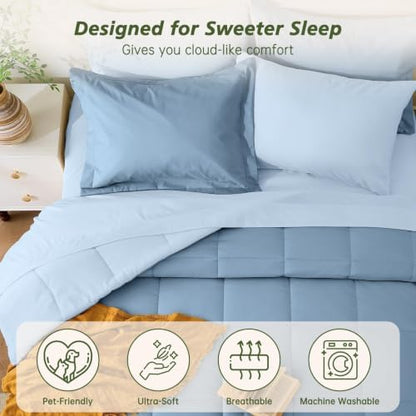 Queen Comforter Set with Sheets - 7 Pieces Bed in a Bag Blue Bedding Sets