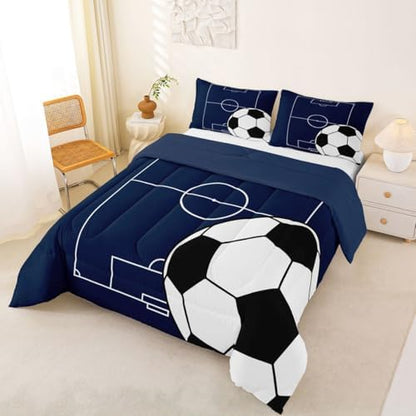 Castle Fairy Boys Soccer Sports Theme Comforter/Duvet Set King Size,Football Ultra Soft Bed Collection,Football Court Blue White Bedding for Room Decor 3 Pcs,Microfiber Breathable