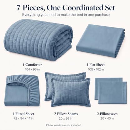CozyLux California King Comforter Set, Grayish Blue Seersucker Bed in a Bag