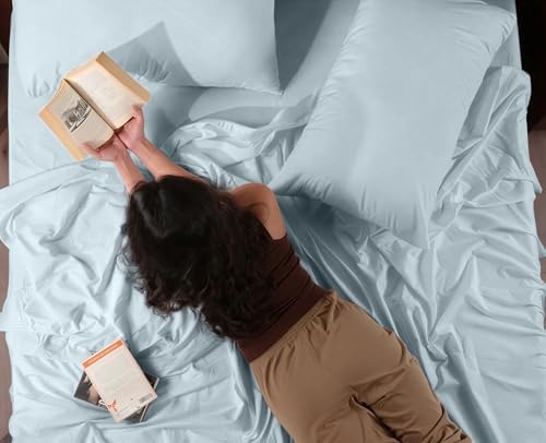 RUVANTI 100% Cotton Twin Sheets, Percale Weave Twin Sheet Set, Blue