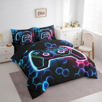Erosebridal 3D Gamer Comforter Sets with Sheets - Cool Gaming Bedding Set Twin for Boys Girls Colorful Neon Lights 7Pcs Bed in A Bag, Hexagon Honeycomb Bed Set