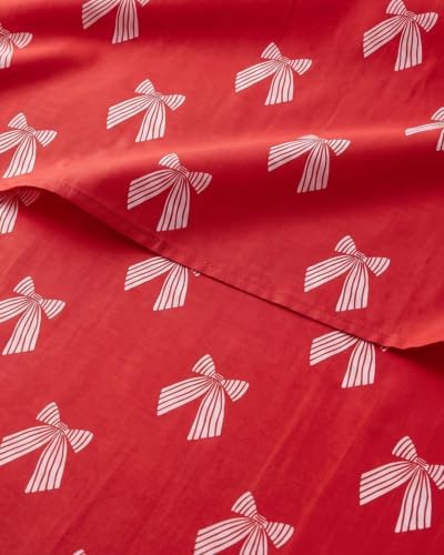 Christmas Sheet Set, Red Ribbon Bows, Holiday Xmas Bedding Set - Full Size