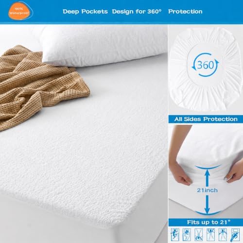 GRT 2 Pack King Mattress Protector Waterproof, Breathable & Noiseless Premium Terry Waterproof Mattress Protector Fitted Deep Pocket from 5" to 21", Smooth King Mattress Cover Machine Washable