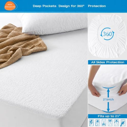 GRT 2 Pack King Mattress Protector Waterproof, Breathable & Noiseless Premium Terry Waterproof Mattress Protector Fitted Deep Pocket from 5" to 21", Smooth King Mattress Cover Machine Washable