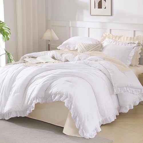 Andency California King Ruffle Comforter Set White, 3 Pieces Solid Bedding