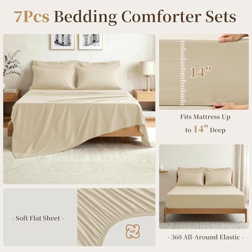 Oversized Queen Comforter Set 7 Piece - Soft Bed in a Bag Queen Size Comforter Sets, Cozy Bedding Sets with All Season Comforter, Flat Sheet, Fitted Sheet,2 Pillowcases & 2 Shams, Beige