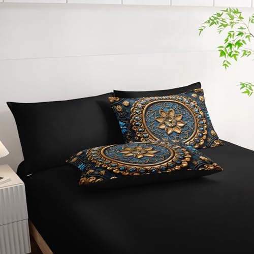 7 Piece Bed in A Bag Black and Gold Mandala Comforter Set King Size，Mandala Bedding Set King，(1 Comforter, 1 Flat Sheet, 1 Fitted Sheet, 2 Pillowcase and 2 Pillow Sham)，Mandala Bedroom Decor
